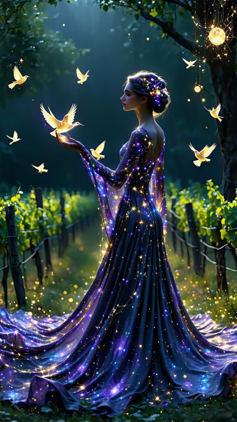 AI generated: A majestic, ethereal woman, her gown woven from constellations and golden vines, stands in an enchan...