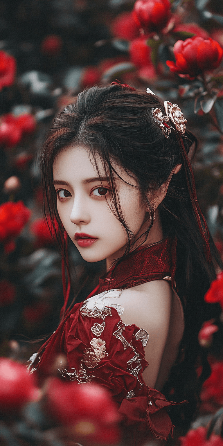 AI generated: Portrait photography of a Chinese girl wearing a red Hanfu dress standing in a rose garden. She has ...