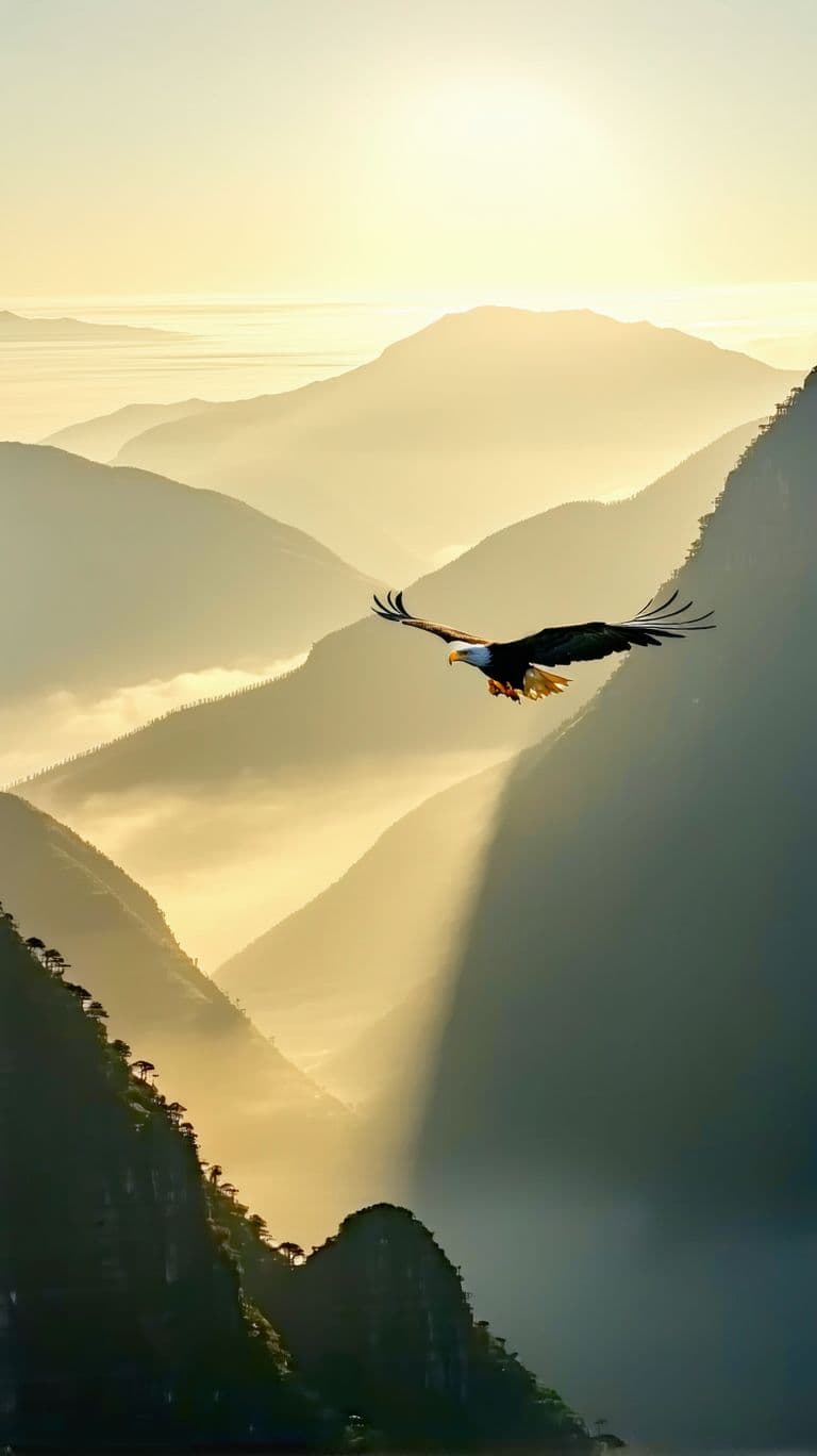 AI generated: "A majestic eagle soaring high above the mountains at sunrise, golden light illuminating its wings, ...