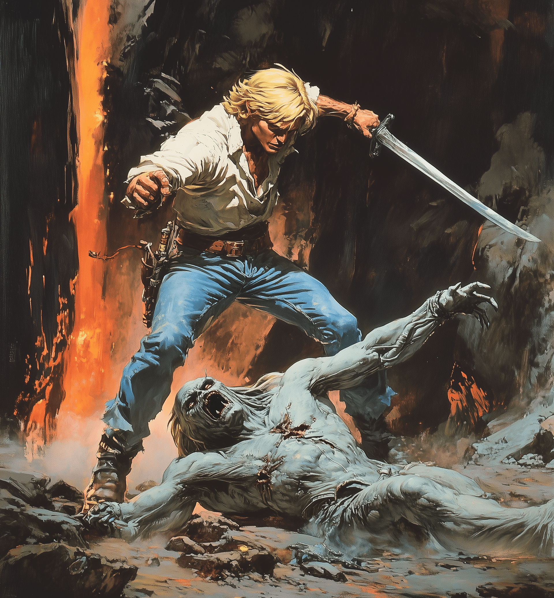 AI generated: A blond man in blue jeans and a white shirt, holding an iron sword, is jumping on top of the body of...