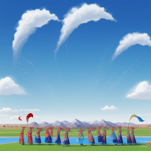 AI generated: Kazakh people celebrate Navruz. Blue sky. Springtime. In Hayao Miyadzaki style. 