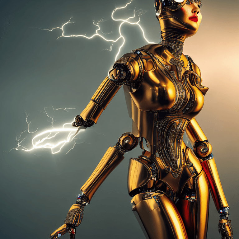 AI generated: professional fashion and glamour art of a highly detailed robotic woman with developped curves in a ...