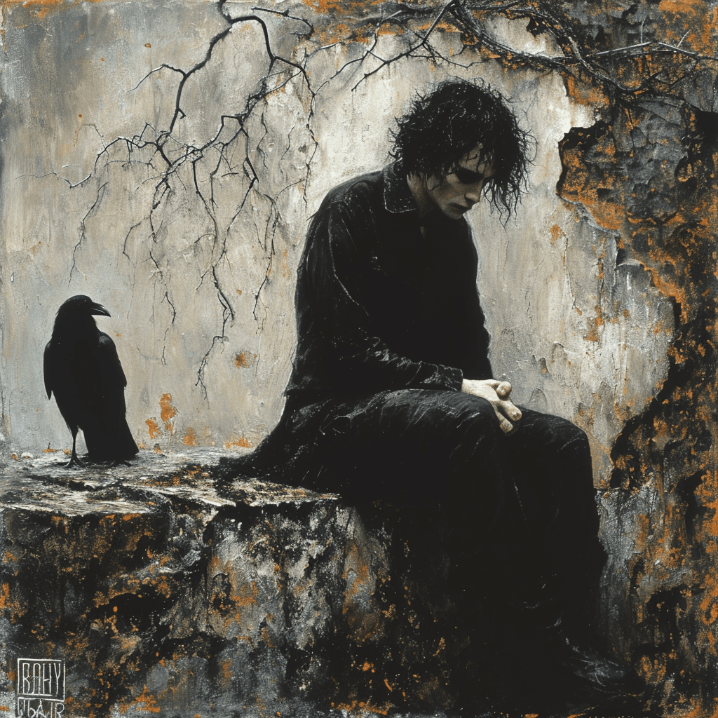 AI generated: brandon lee as the crow standing in the empty grave yard, Exploration of Morality and Decadence,the ...