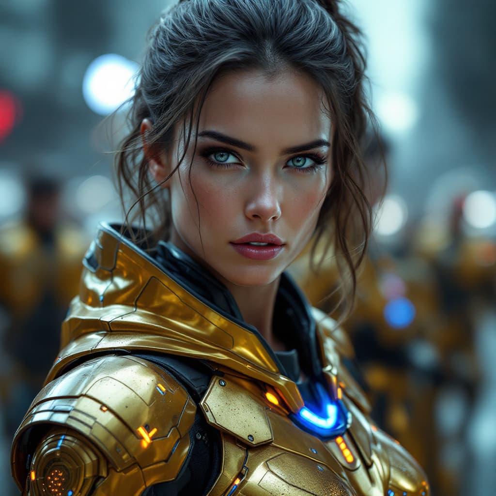 AI generated: female soldier wearing futuristic gold battle armor with blue lights, intense and determined express...