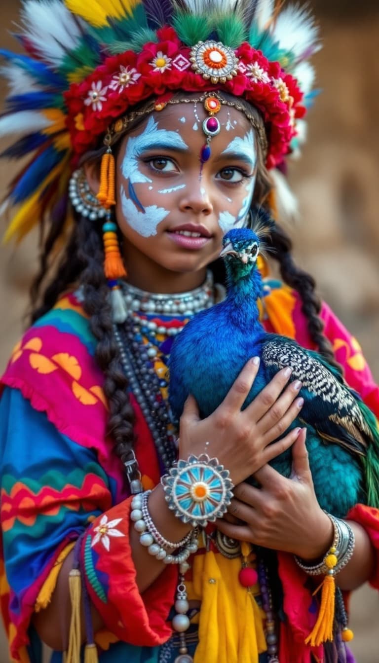 AI generated: a native american indian, with very
colorful clothes, wild style girl 4k.
holding in her arms a baby...