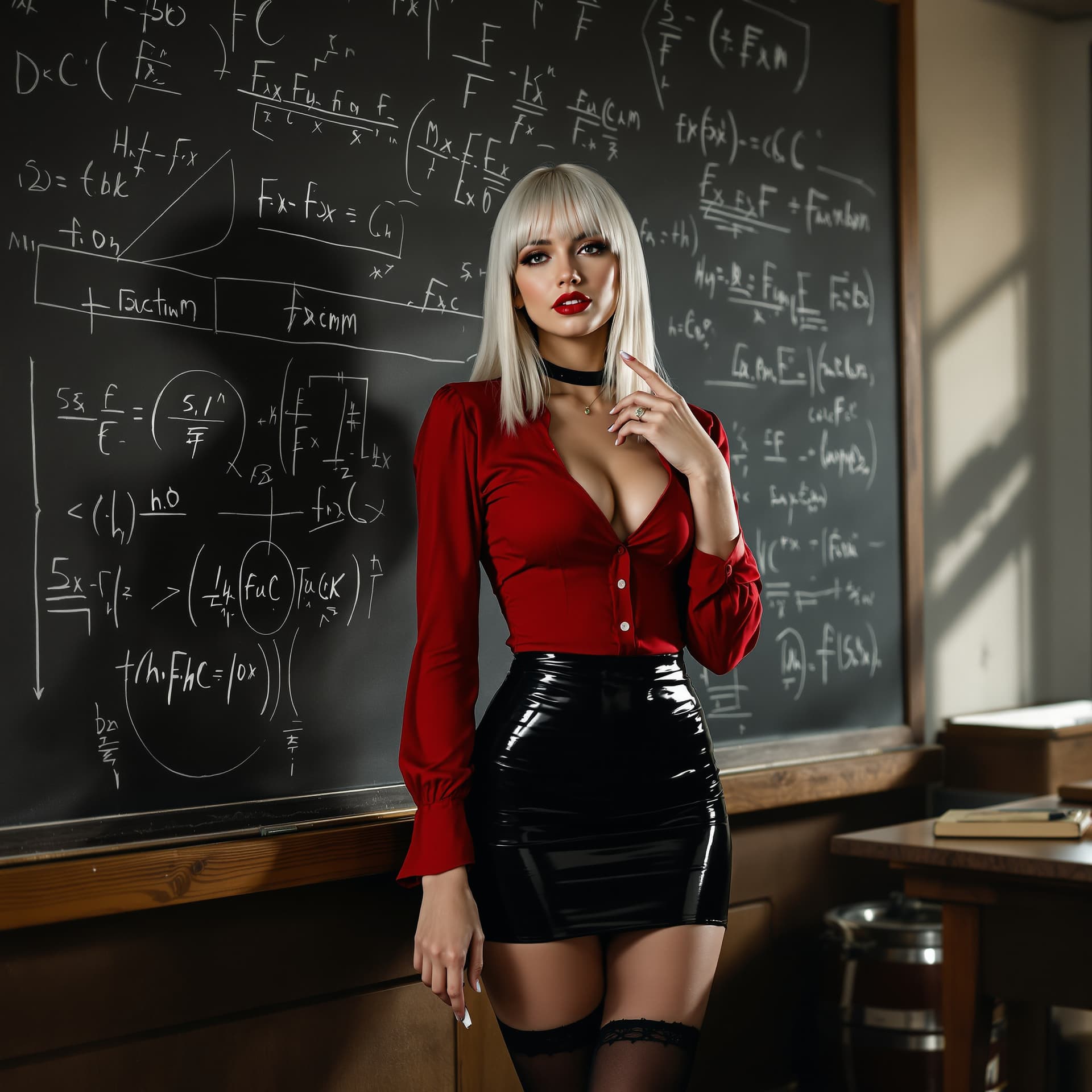 AI generated: Alluring music teacher by the blackboard", "appearance": "Straight white - blonde hair with bangs, p...