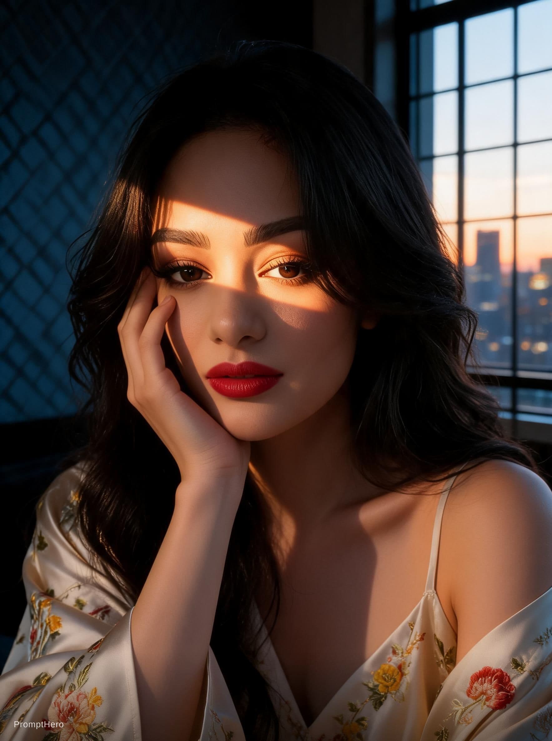AI generated: A cinematic photorealistic boudoir portrait of a beautiful Asian woman kneeling on a bed. She is wea...
