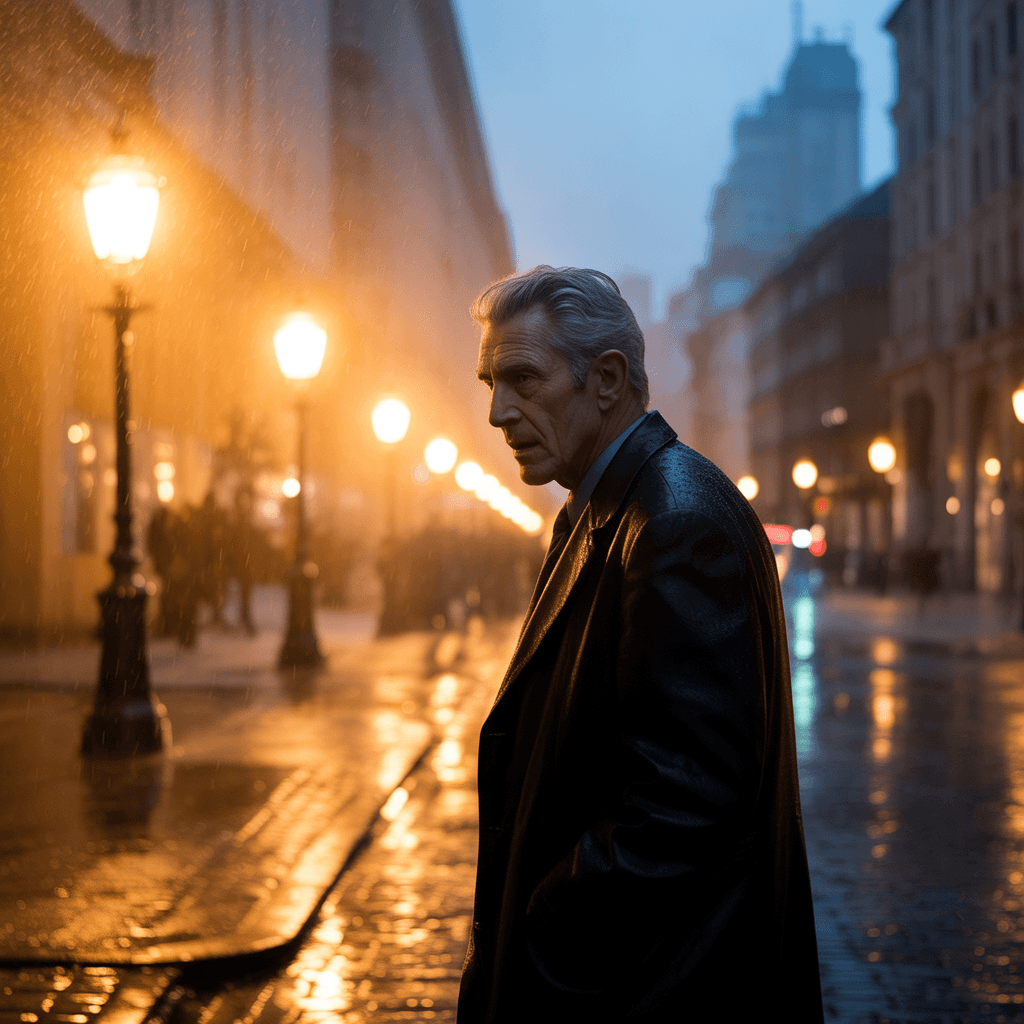 AI generated: Side view of silhouette gray-haired old man in street lights, volumetric lighting, cinematic angle, ...
