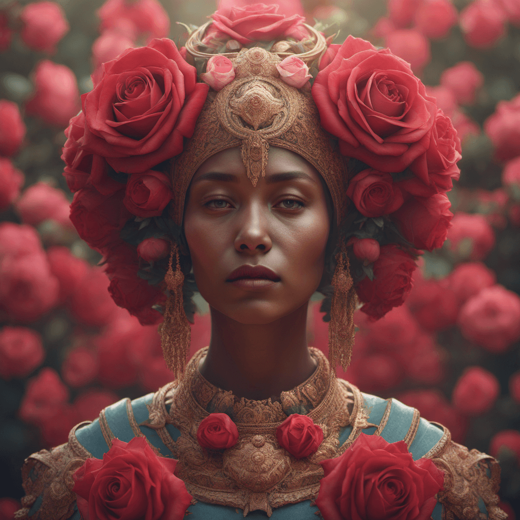 AI generated: High quality, Portrait of a human figure, with headdress made from roses, symmetrical, ultra-realist...