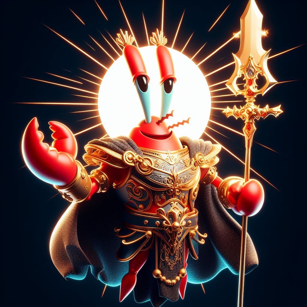 AI generated: Mr. Crab is the mightiest god with a sword, red eyes, heroic pose, divine and celestial light, maste...