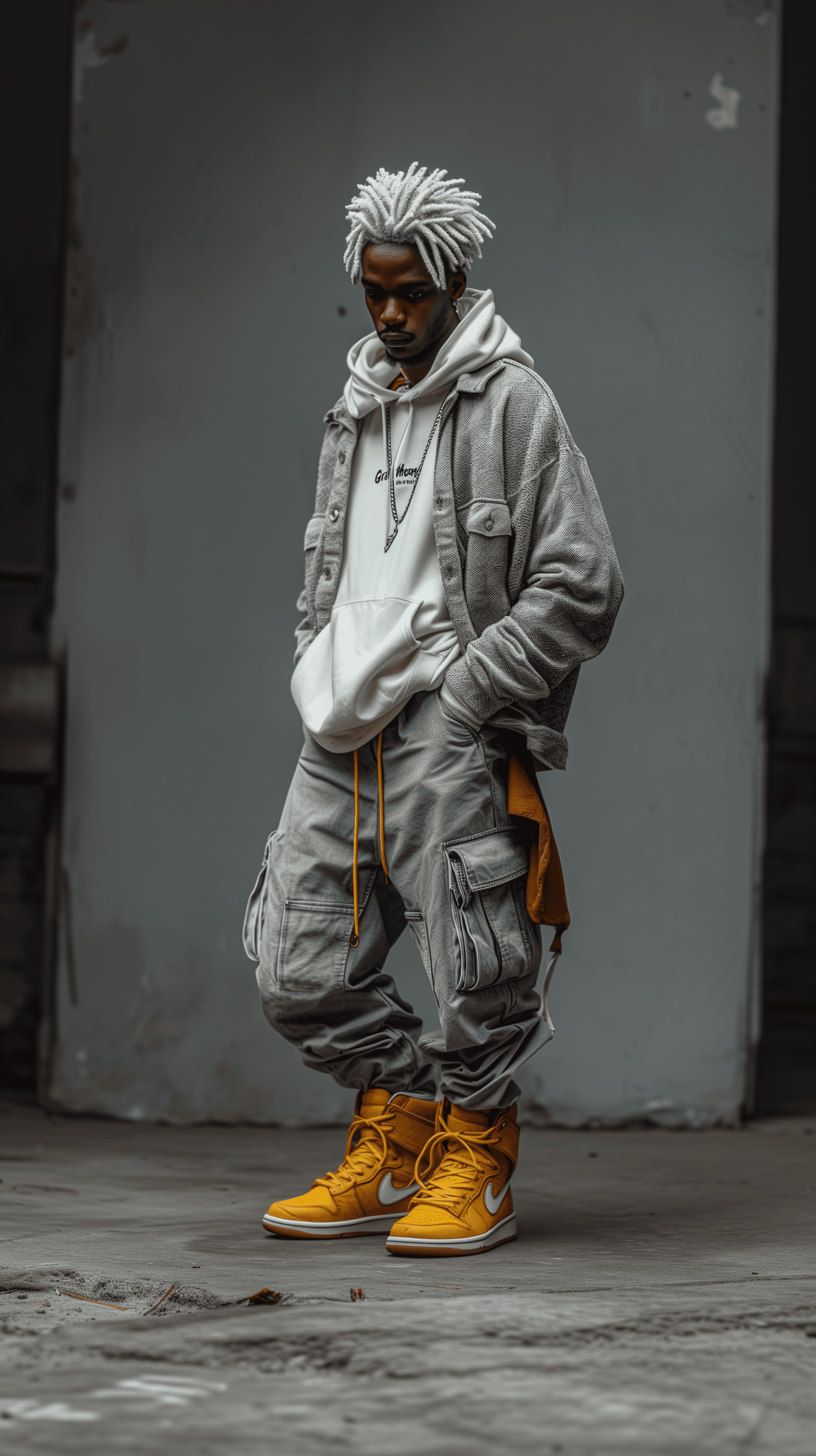 AI generated: photography, black man model, silver color dread hair, posterior side of the body, wearing an long l...