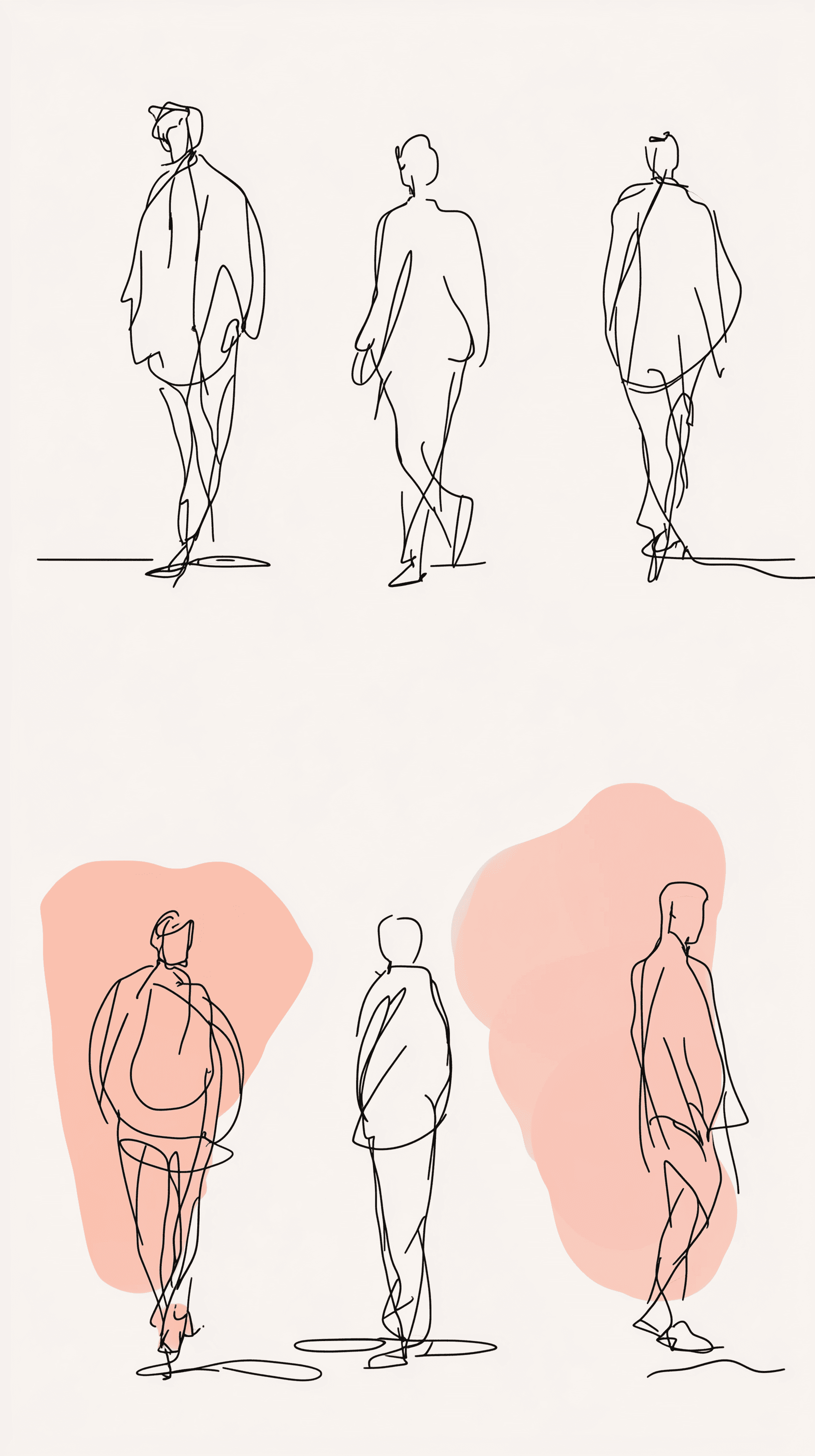 AI generated: minimalist line drawing, 6 spread sheet, simple human figures silhouettes, architectural sketches, u...