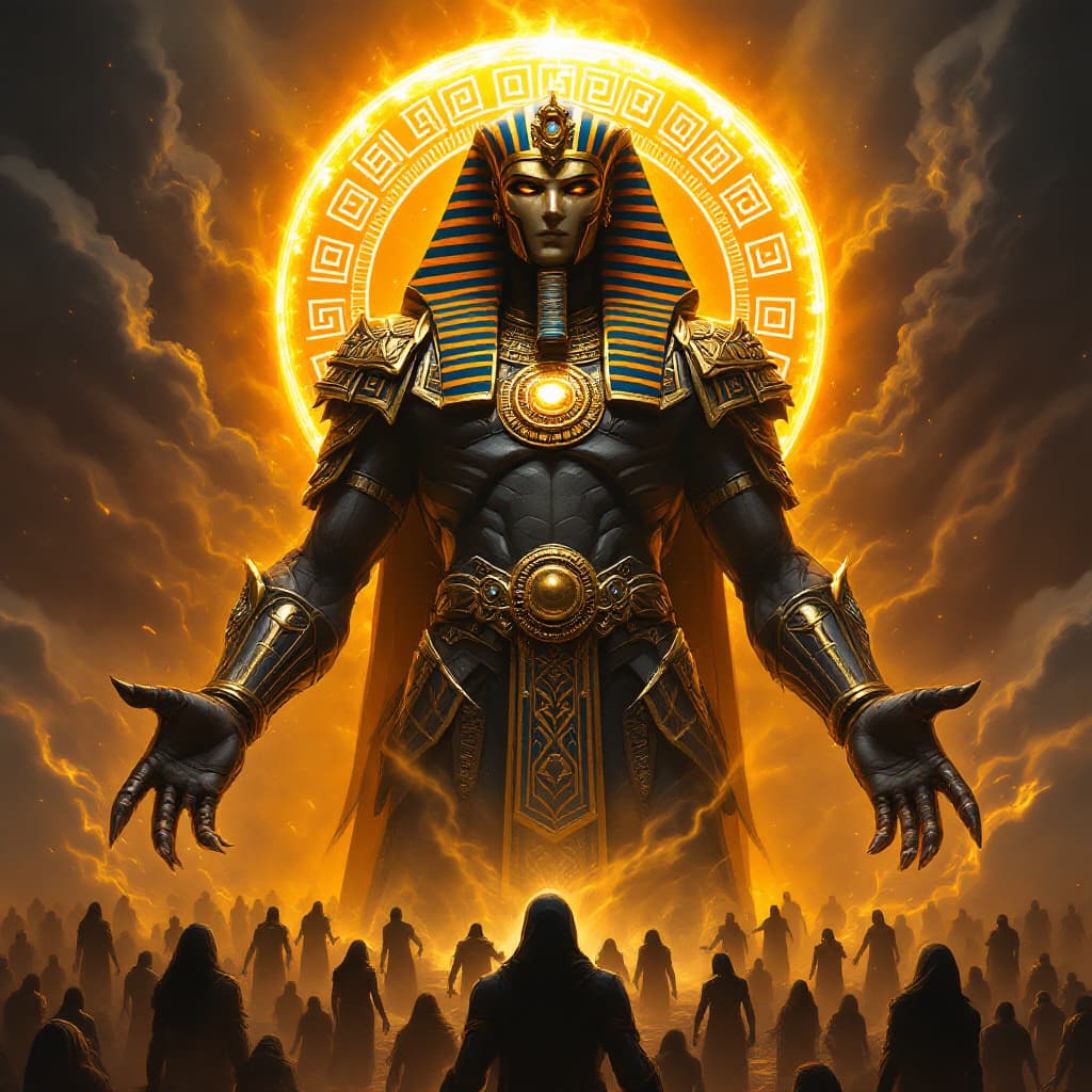AI generated: A towering, ornate figure resembling an ancient Egyptian pharaoh dominates the center of the image, ...
