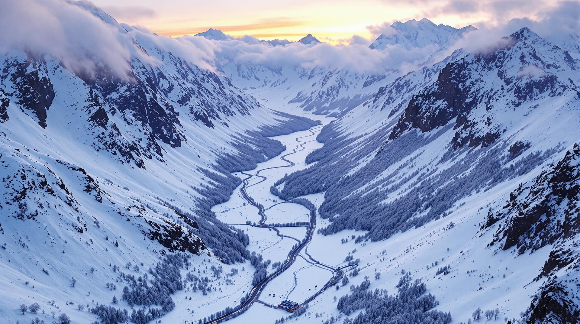 AI generated: snowy valley, with steep mountains around, detailed 4k, drone-type view from above, with snowing clo...