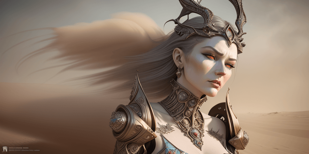 AI generated: Empress in sandstorm wind, mad sky hallucination by Mundford, luxury maximalist, photoshoot by Artif...