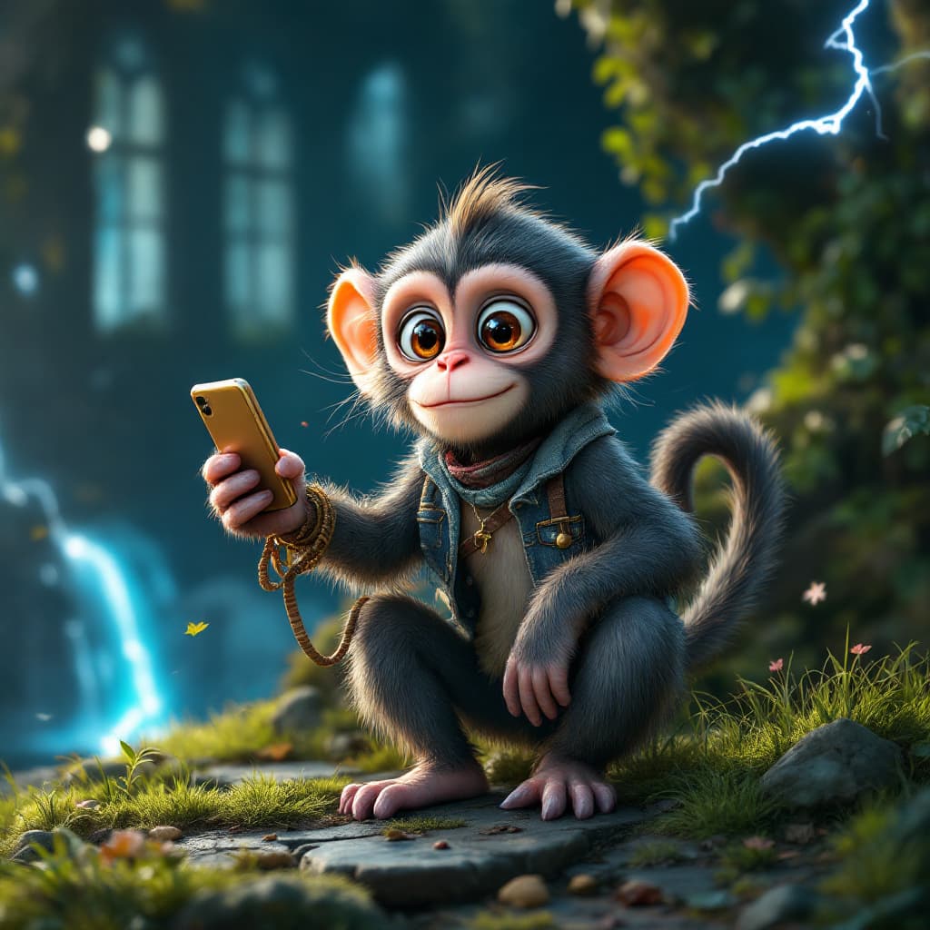 AI generated: cute [monkey/criature] on[ location], [clothes], full body, [lightning], concept art, ue5, 3d render...