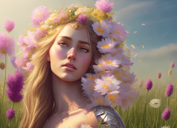AI generated: hyperrealistic full length portrait of gorgeous goddess | standing in field full of flowers | detail...