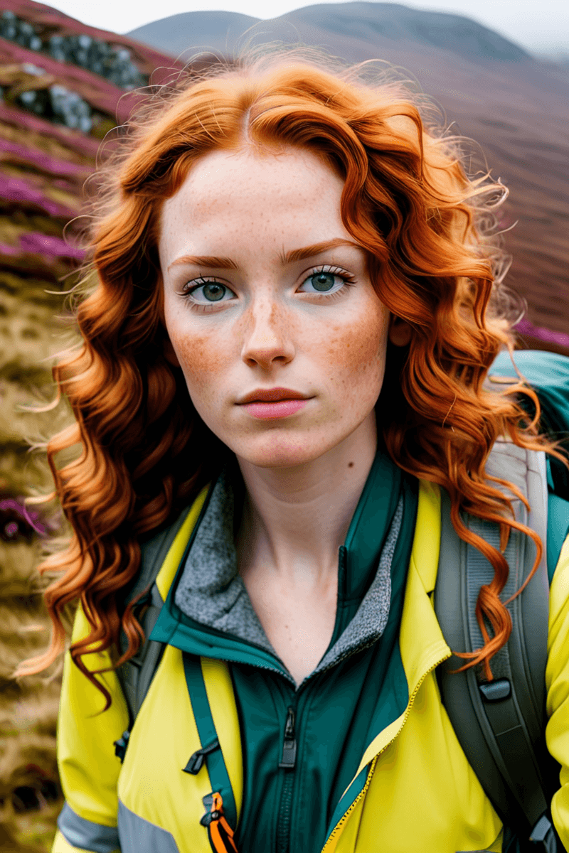 AI generated: 3/4 shot, photograph of, a woman with curly light auburn hair (freckles:1.1) and a light complexion,...