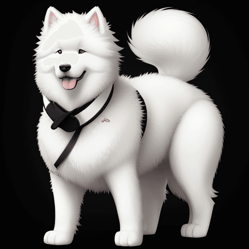 AI generated: samoyed dog wearing a white kinomo and a black belt around its waist black background