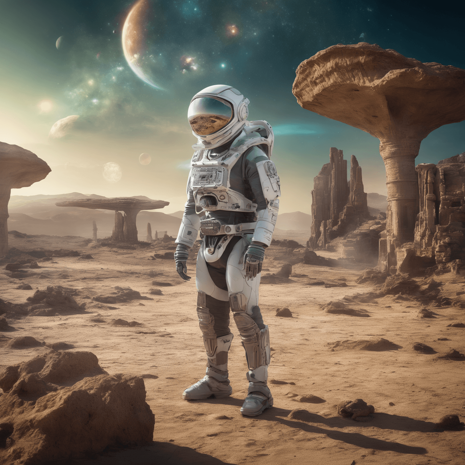 AI generated: A futuristic space archaeologist, aged 42, equipped with advanced archaeological tools, stands amids...