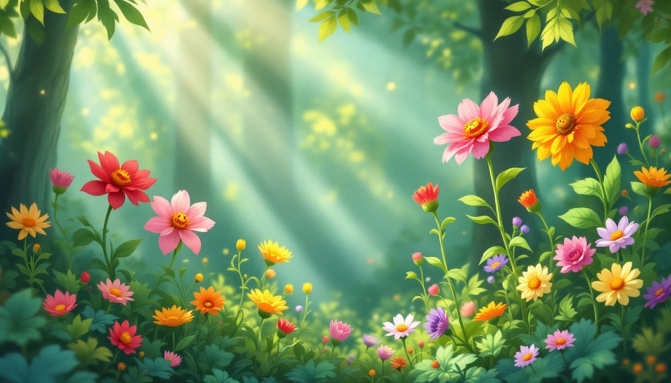 AI generated: "Illustrate a magical forest scene where sunlight streams through the leaves, highlighting vibrant f...