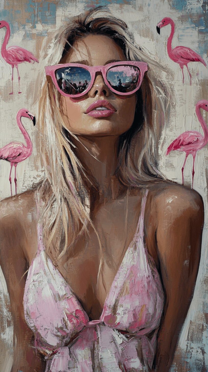 AI generated: a contemporary modern painting, beautiful pamela anderson in a dress wearing pink sunglasses, oil pa...