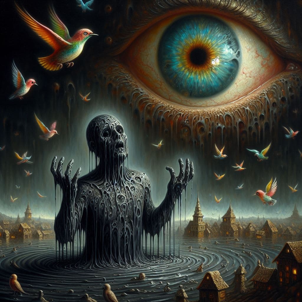 AI generated: An oil painting, featuring dark tones, humanoid figure melting in a black puddle with raised hands. ...