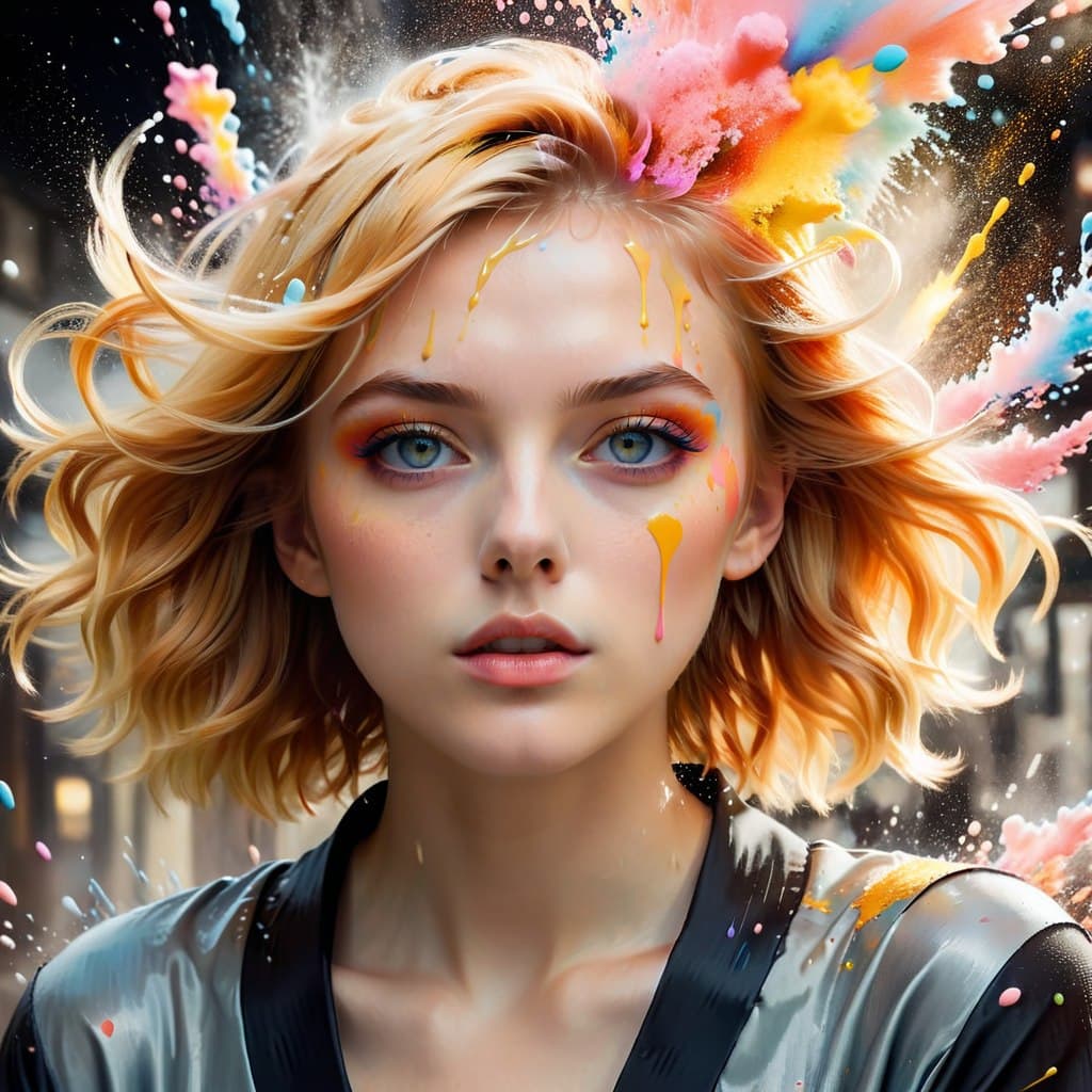 AI generated: epic realistic, (ukiyo-e style) portrait of a cute blonde redhead girl, makeup, explosion of liquid ...