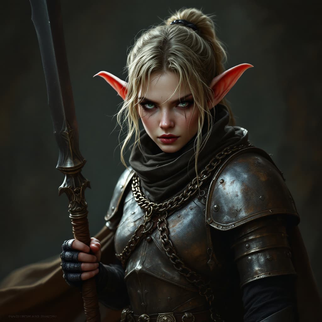 AI generated: dungeons and dragons female halfling, full chain mail armor, mace, human ears