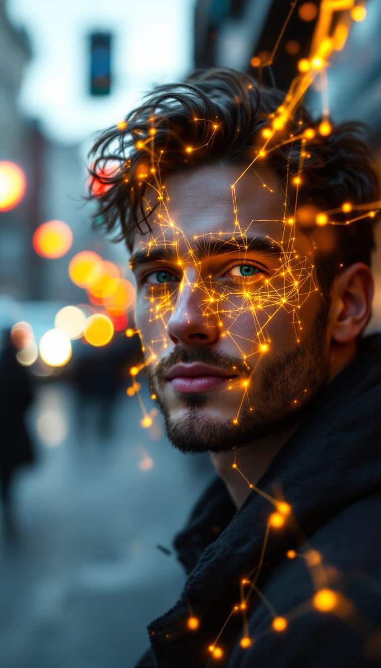 AI generated: 
We see a man's face and shoulders, facing us. No beard. He is 24 years old. A hyperrealistic white ...