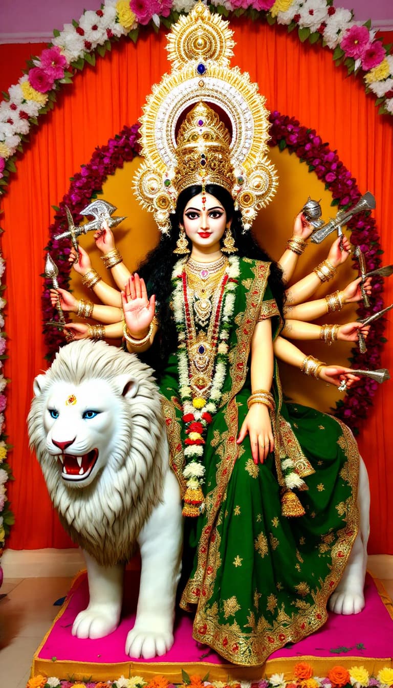 AI generated: "A divine and unique idol of Goddess Durga, intricately designed with a majestic golden crown, expre...