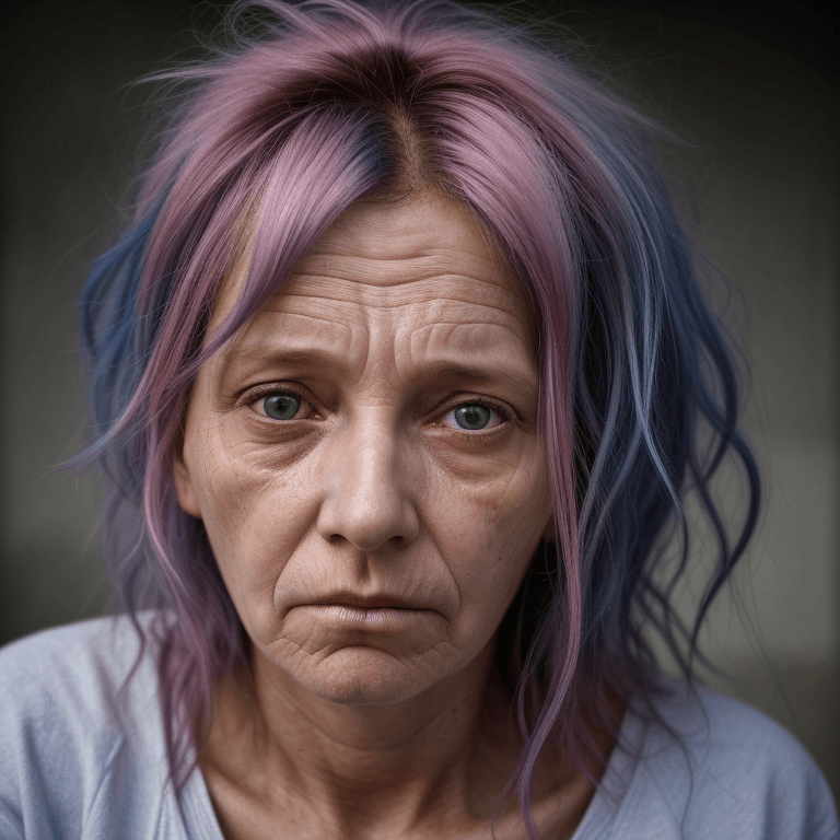 AI generated: hyper realistic headshot photo of a 40 year old, lightly overwight unkempt woman, homeless, colored ...