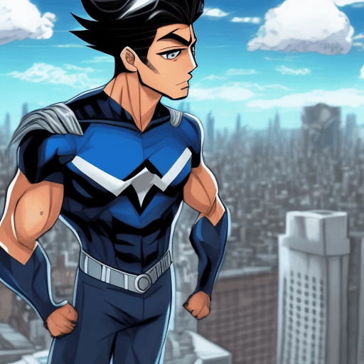 AI generated: use epic anime style to create a picture of a young latino man with silver eyes, black hair with man...