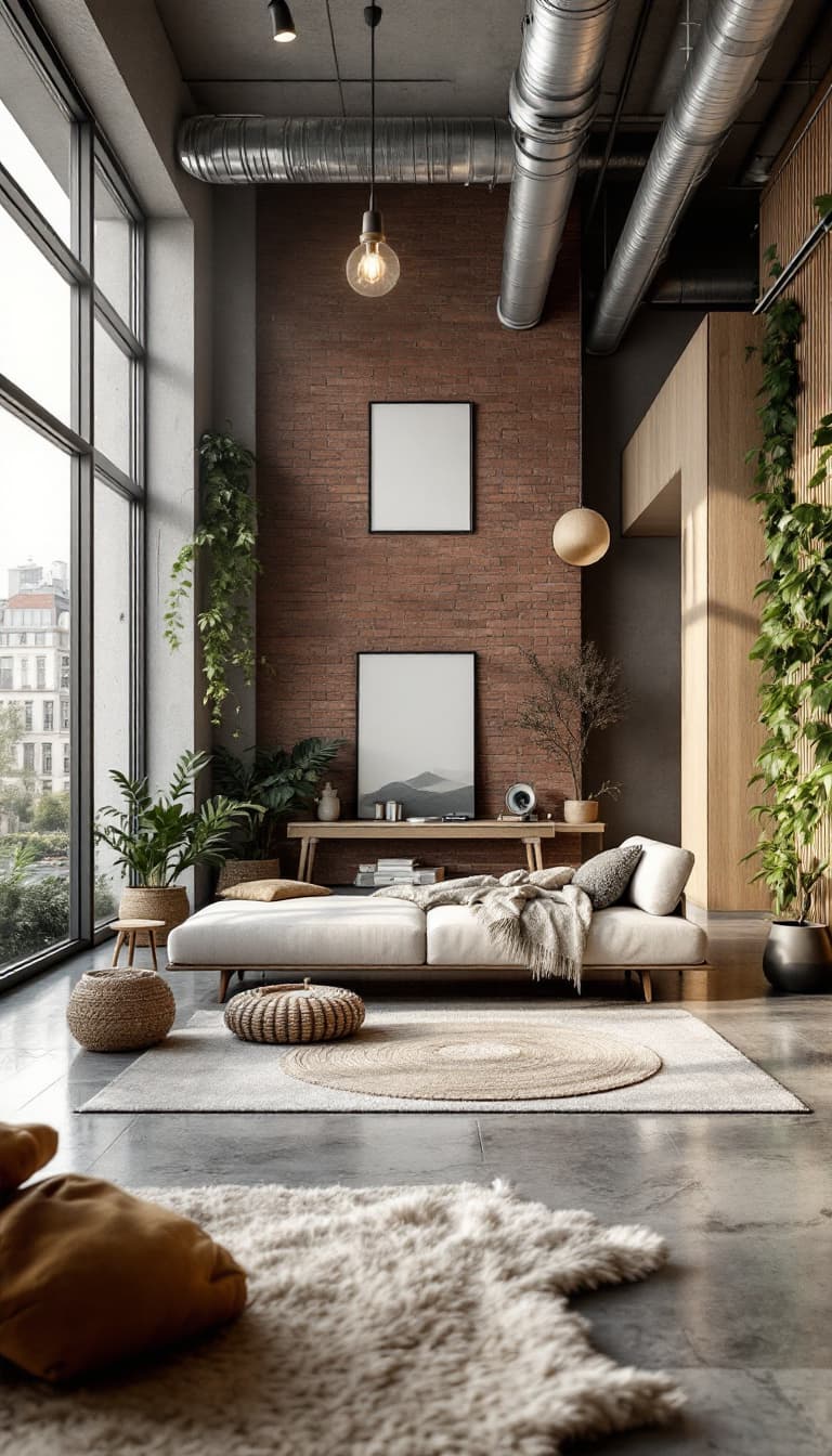 AI generated:  Cozy apartment building, brick and concrete fa\u00e7ade, wooden accents, industrial chic interiors,...