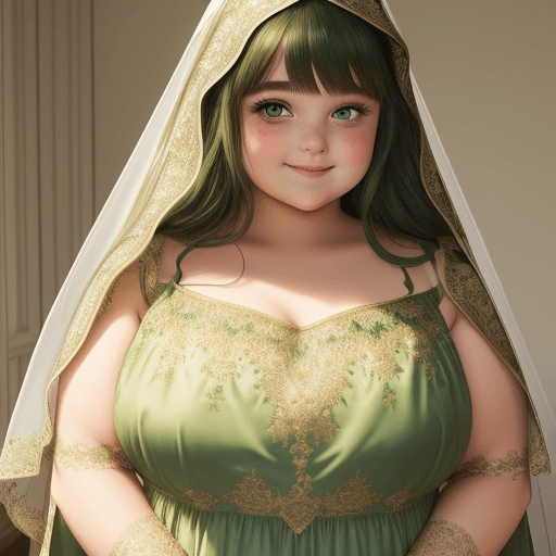 AI generated: Chubby girl long dress and veil embroidered with gold. Beautiful and soft . Glowing cheeks . Green e...