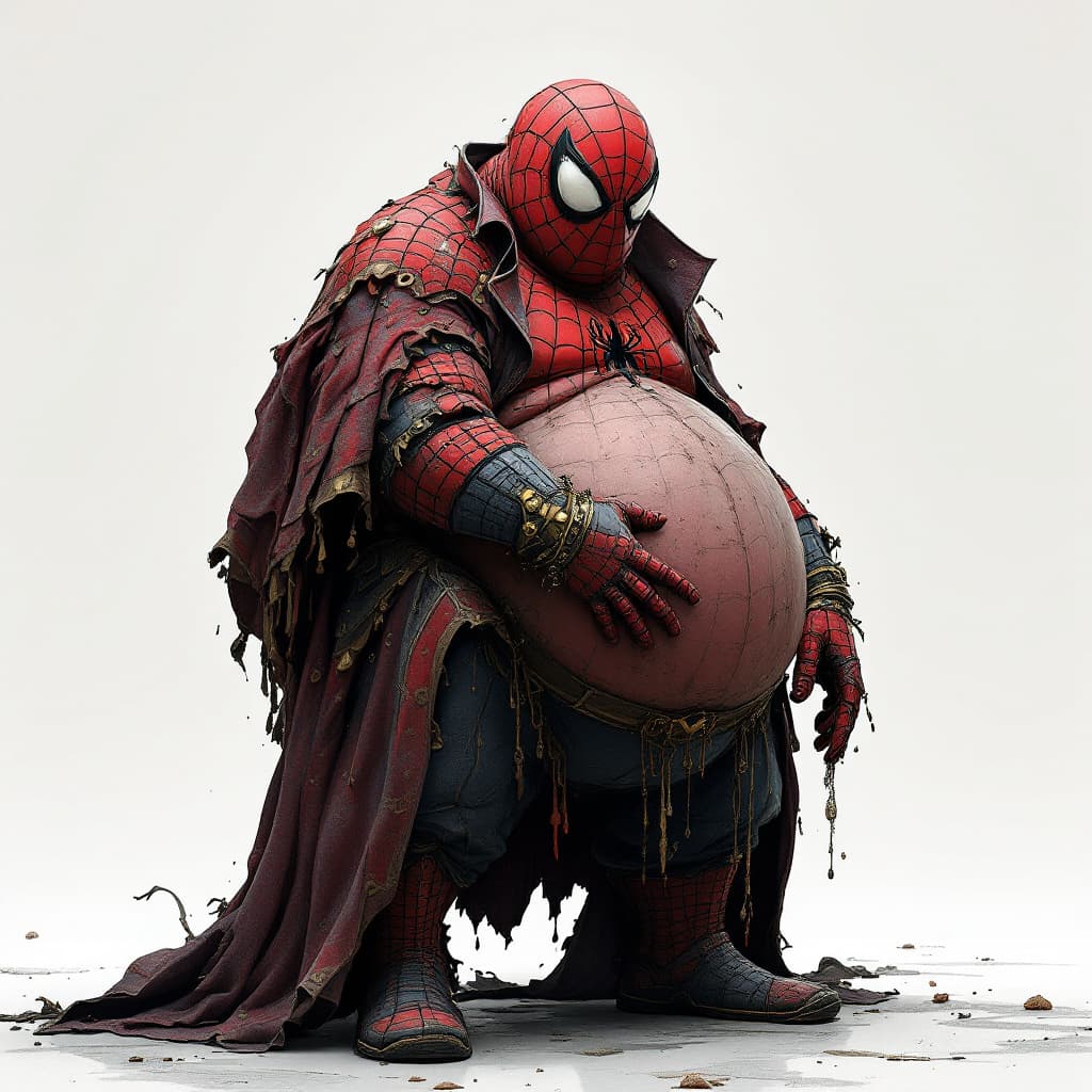 AI generated: {lonley, fat, old spiderman}, costume old, mold humid, {elegant, fancy} bar scotch, front view, hype...
