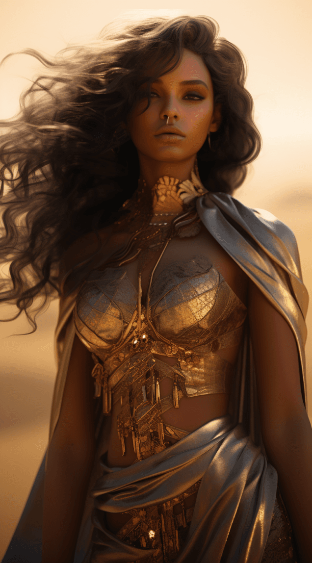 AI generated: a woman in an oriental outfit standing in the desert, in the style of artgerm, blink-and-you-miss-it...