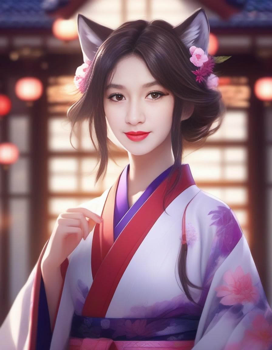 AI generated: a happy beautiful white-haired anime wolf girl wearing purple kimono, wavy hair, anime, beautiful fa...
