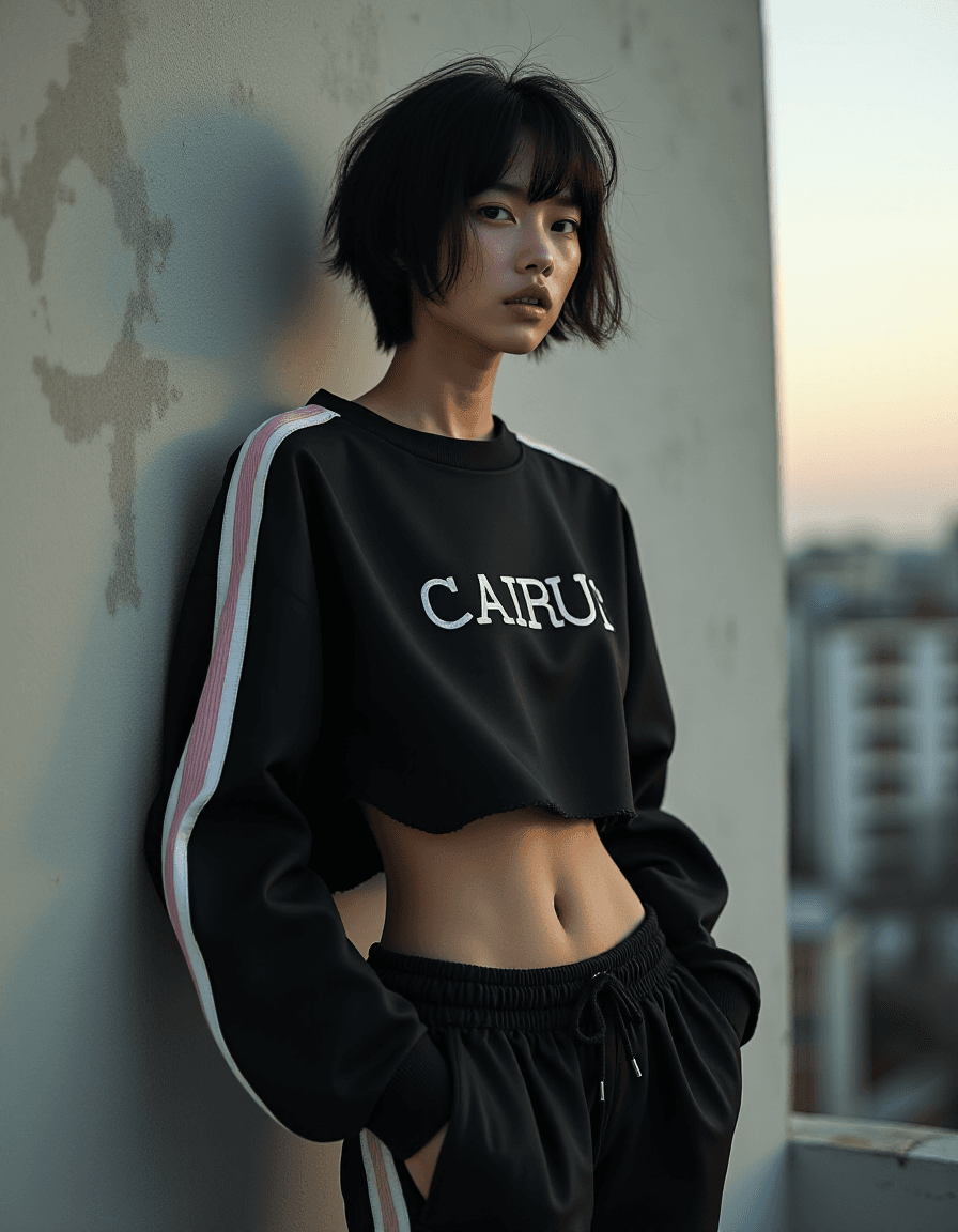 AI generated: High fashion half body photo of a young asian female supermodel, very thin, small breast, flat chest...