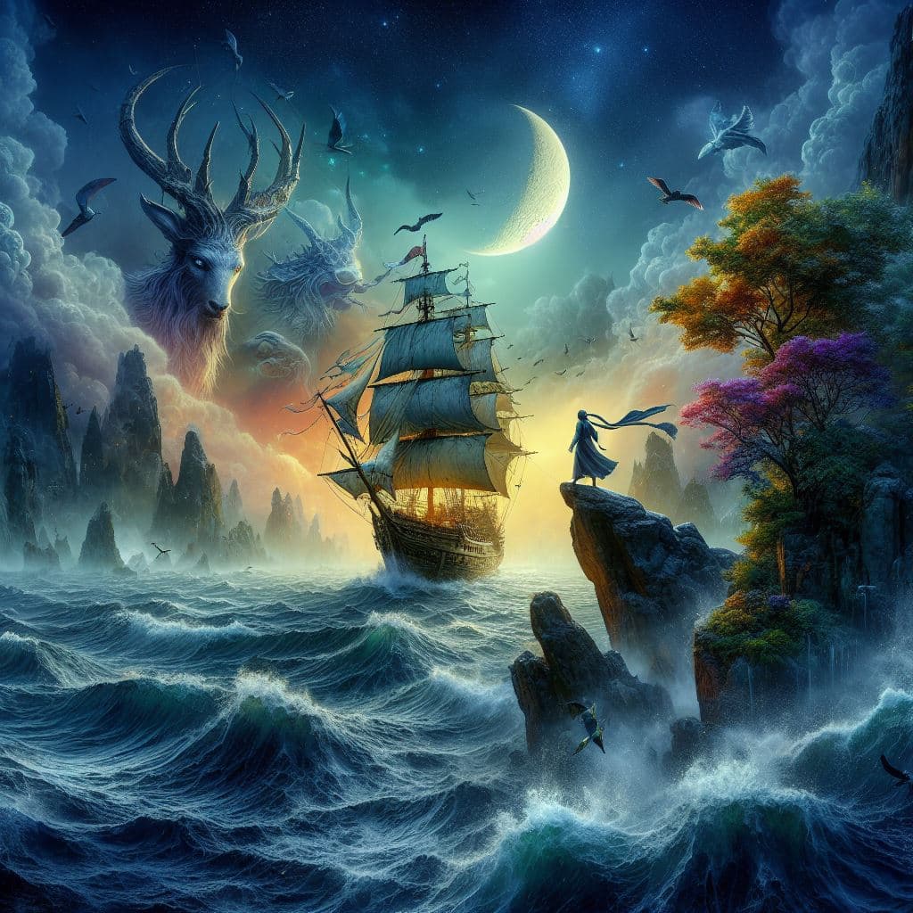 AI generated: On a moonlit, mystical sea, Sinbad the Sailor navigates treacherous waters, his ship surrounded by m...