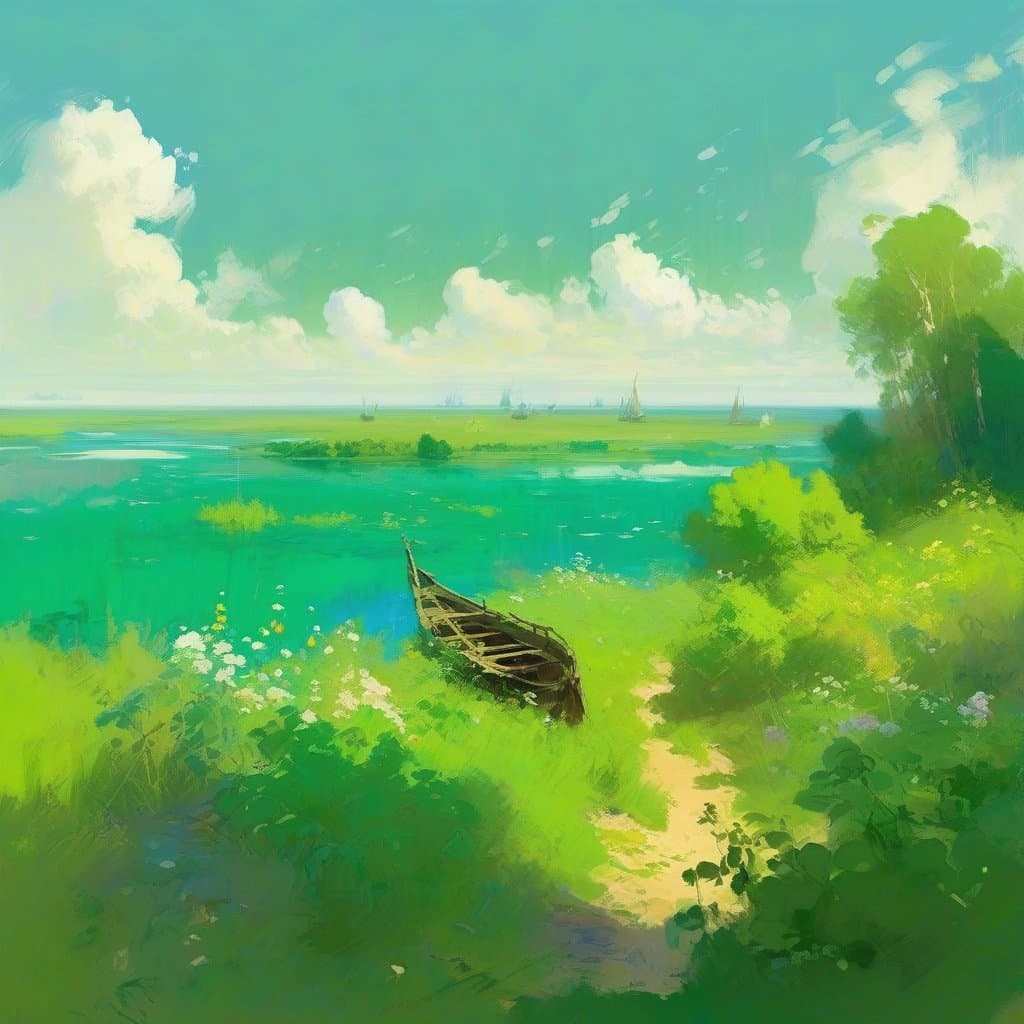 AI generated: Landscape. In the style of the landscape artist Repin. “The opposite bank of the river pleases with ...