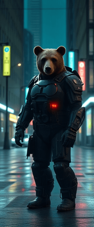 AI generated: Cyborg version of a Bear in HiTech new armor. Posing In dark rainy   Dystopian city in the rain, on ...