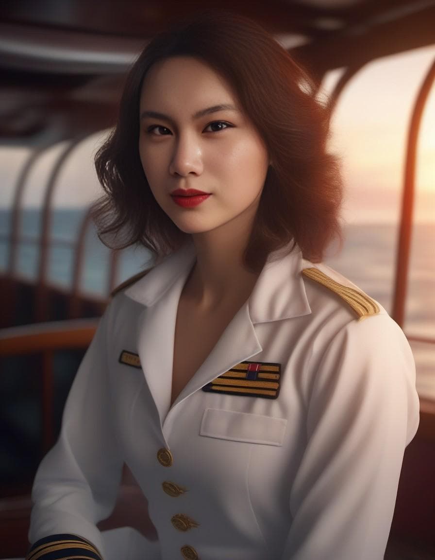 AI generated: A photo of a female sailor aboard a ship enjoying the seabreeze, medium wavy pink hair, sunny, Teres...