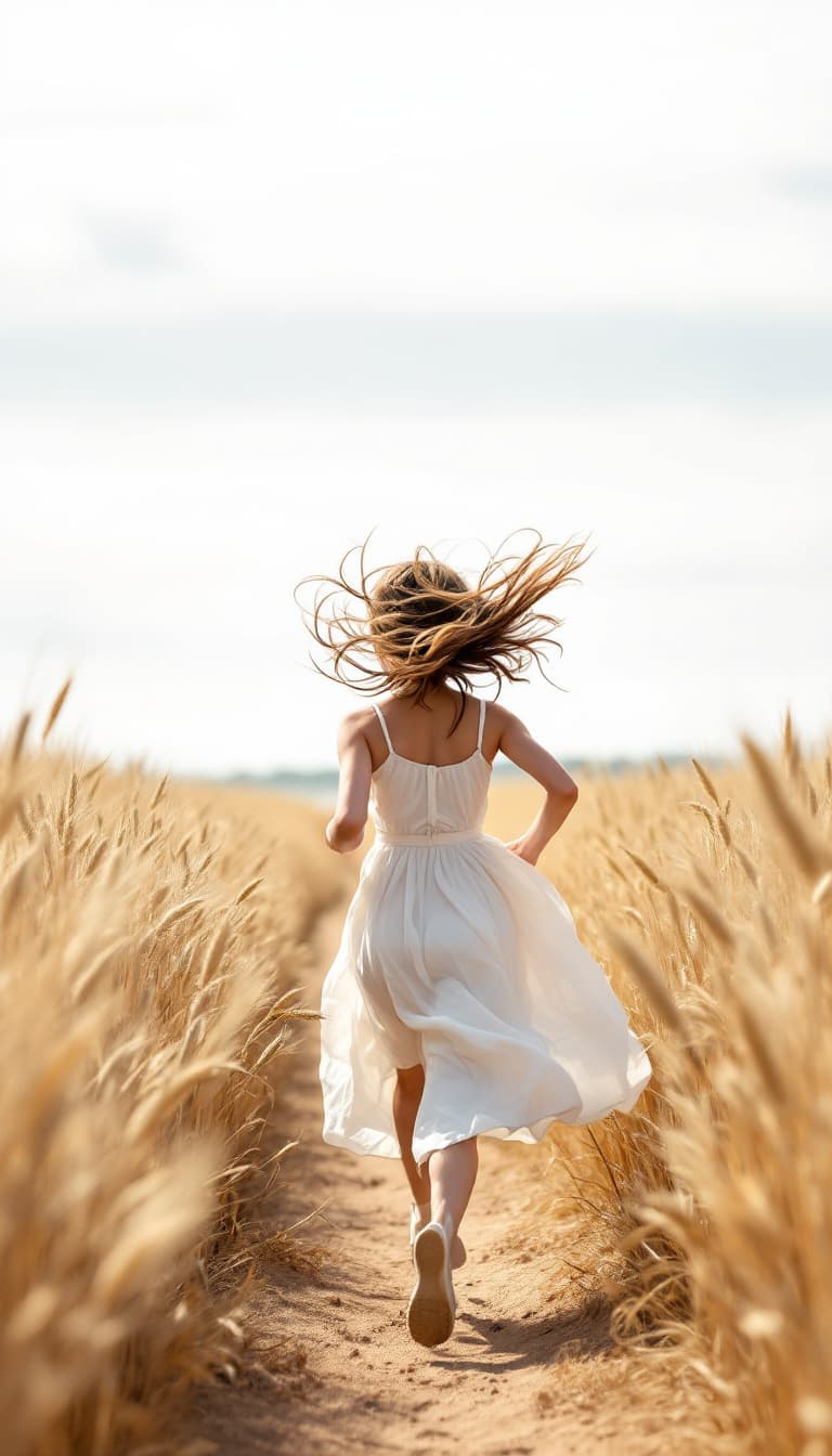AI generated: girl in white dress running across wheat field, view from back, white sky, hair fluttering