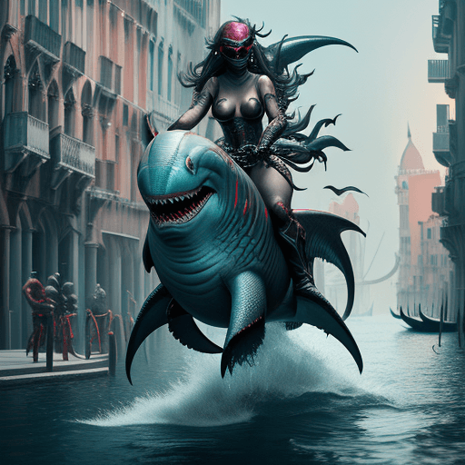 AI generated: mermaid riding a shark, red eyes, mask, cyberpunk, futuristic, venice, intricate artwork . octane re...
