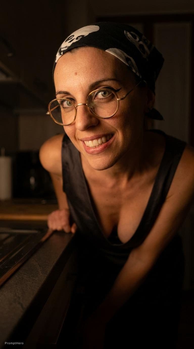 AI generated: looking at me. Leans over on a kitchen desk at night(no lights), wearing same (cleavage) dress, teas...