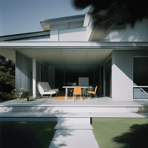 AI generated: Hyper realistic eye level exterior photo of a mid century modern style house overlooking the ocean, ...
