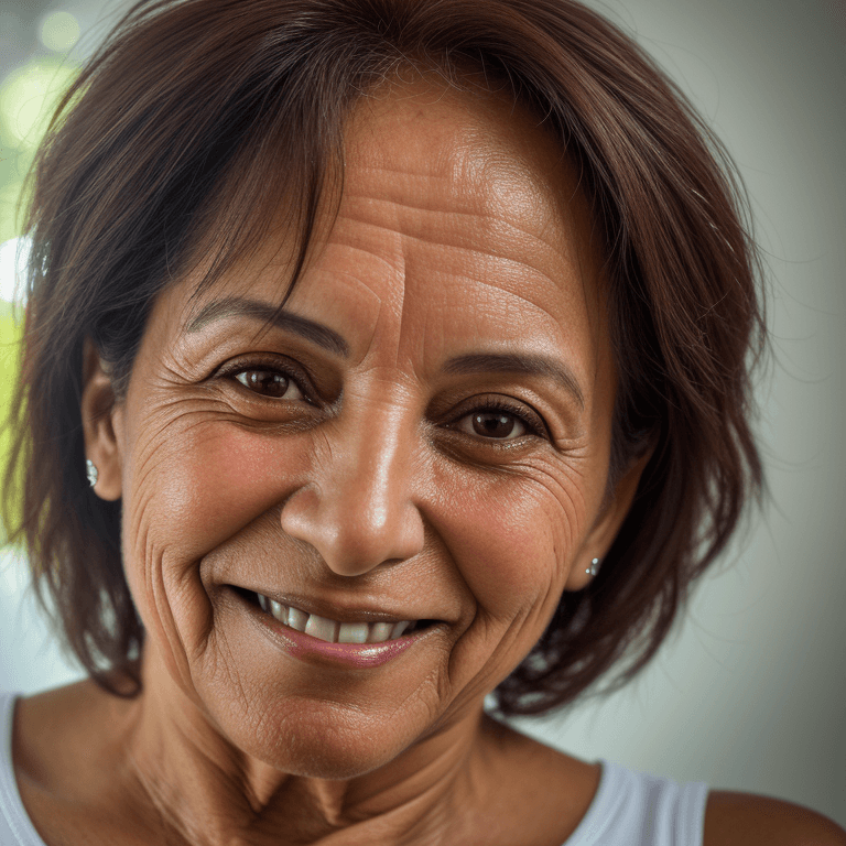 AI generated: hyper realistic headshot photo of a 50 year old brasilian (woman 1.5), looking into the camera, smil...