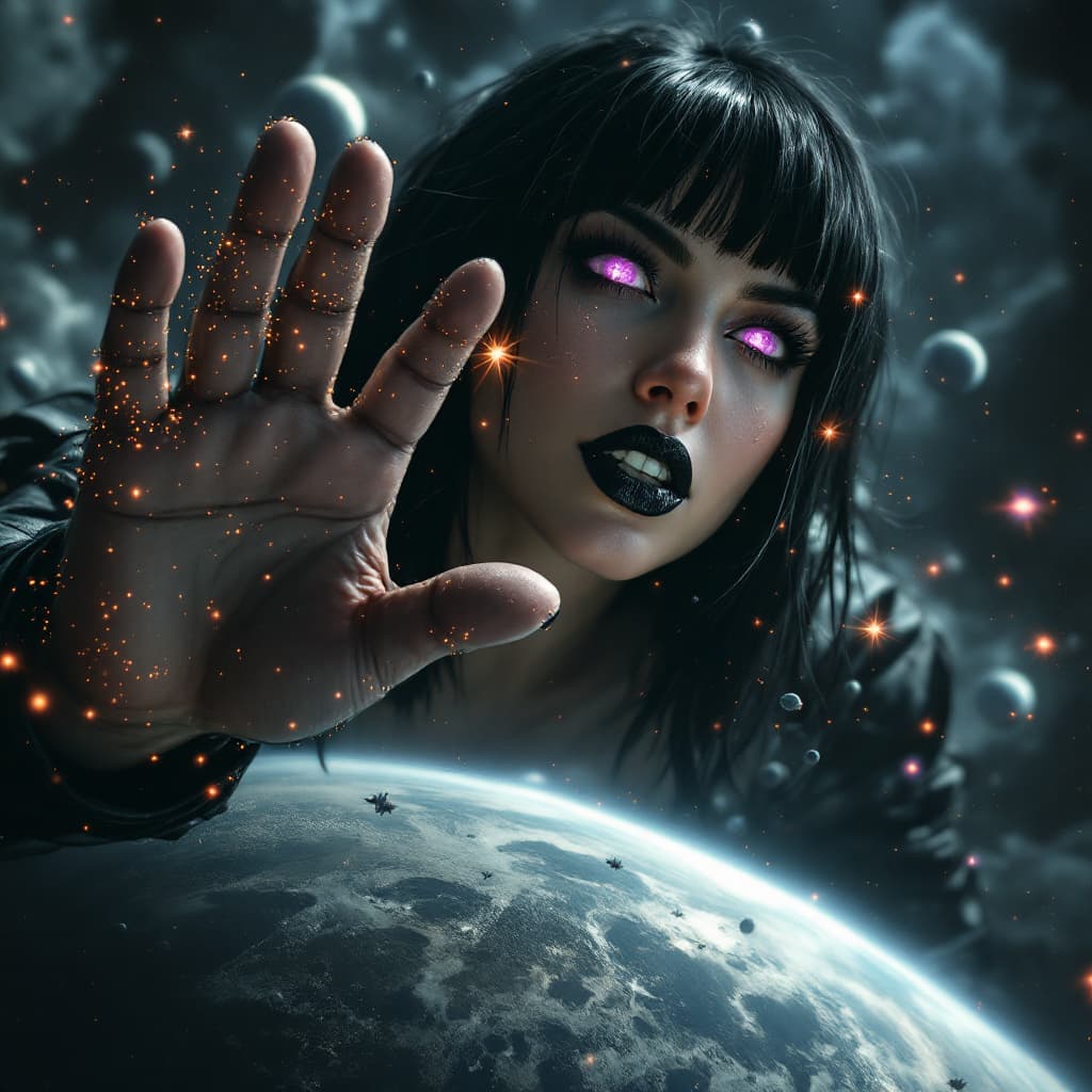 AI generated: enormous giantess female who looks exactly like WWE superstar 
 Rhea Ripley with black medium length...