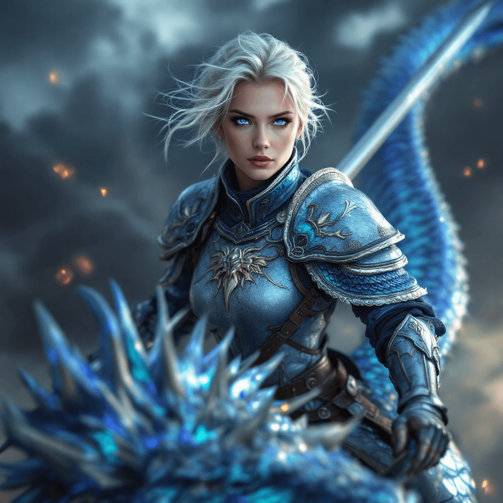 AI generated: A courageous knight with short, platinum blonde hair, often windswept by flight. Her eyes are pierci...
